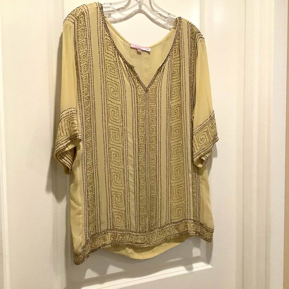 Calypso St. Barth Beaded Chiffon Top, Yellow, XS
